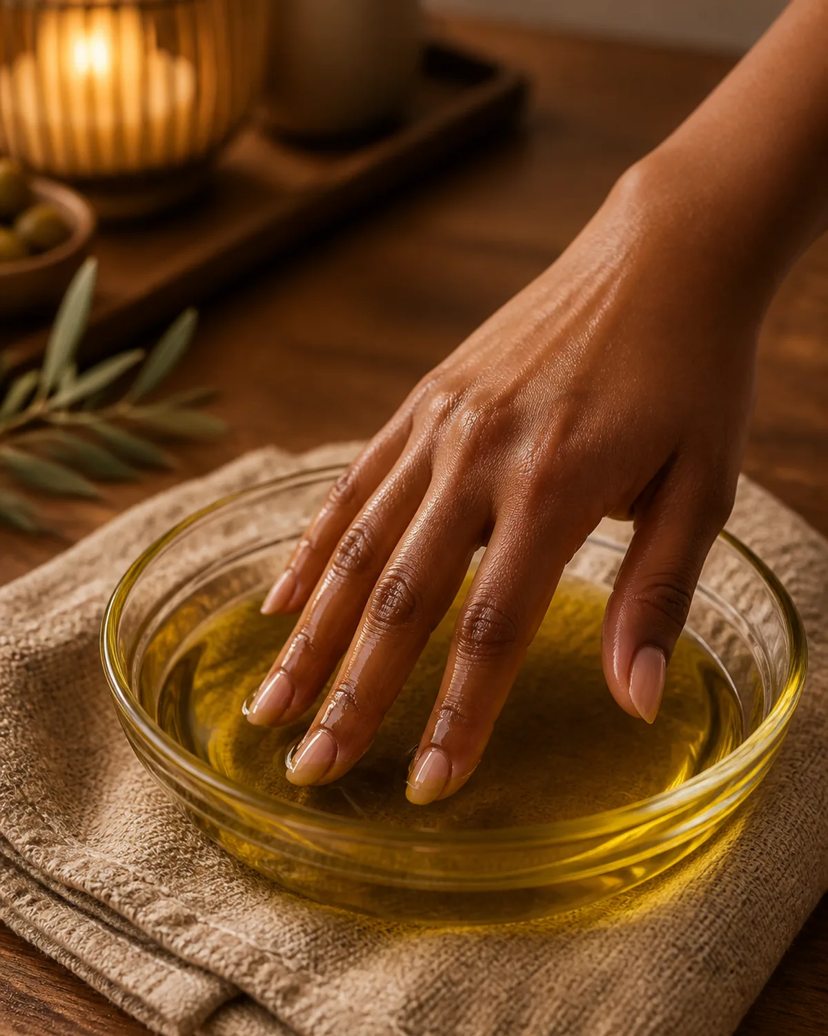 One hand with fingertips dipped into a shallow glass bowl of golden olive oil on a wooden table with forearm extending out of frame