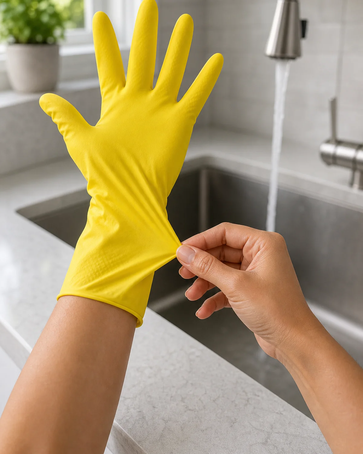 Two hands at kitchen sink with one hand pulling a yellow rubber dish glove onto the other hand
