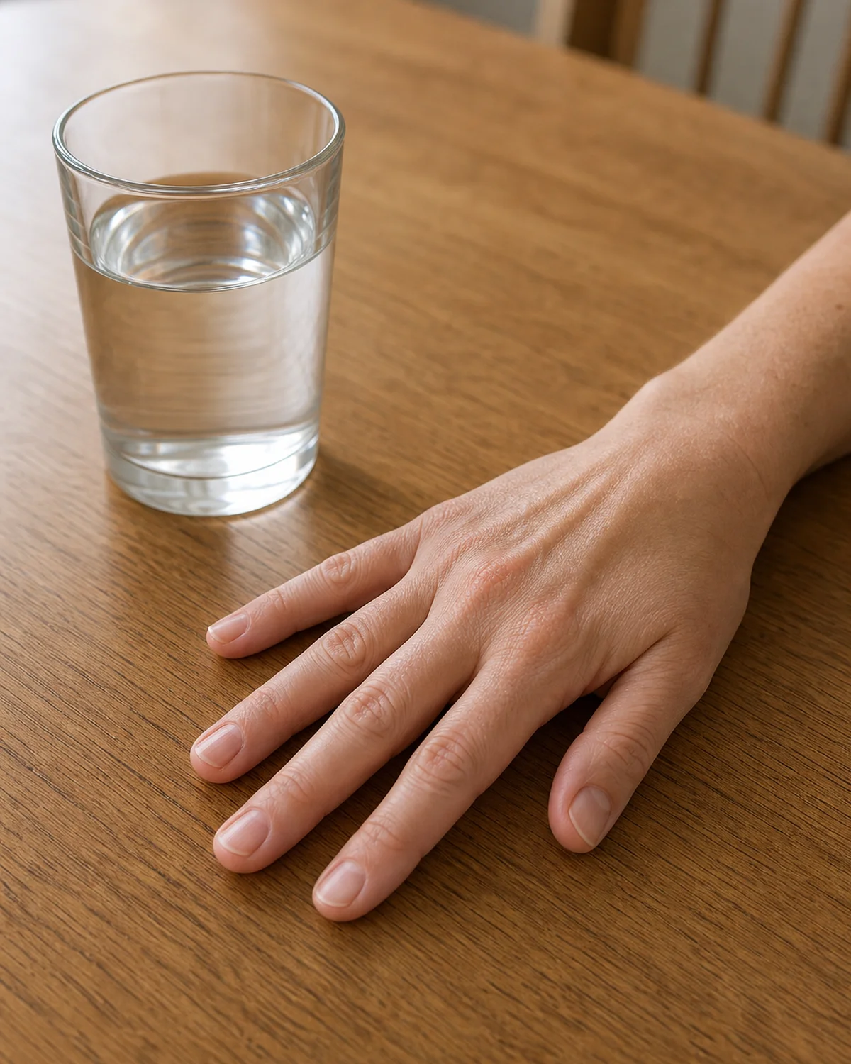 One hand resting beside a clear glass of water on warm wooden dining table in side-profile angle