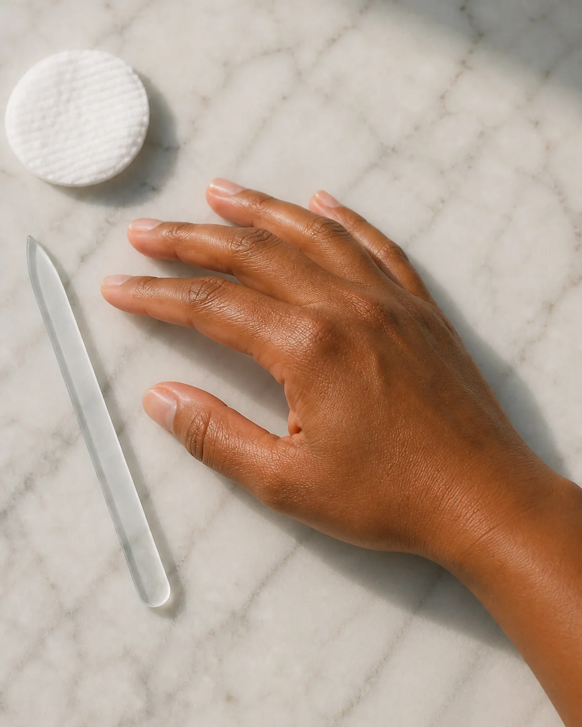 One hand lying on its side on marble surface with fingers naturally staggered beside a crystal glass nail file
