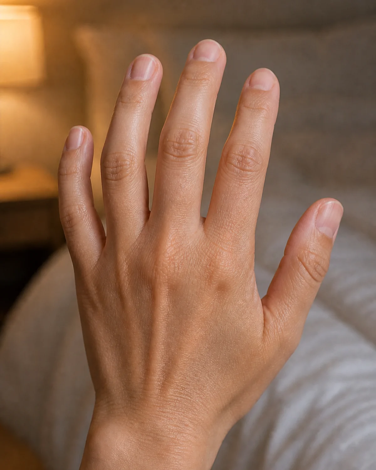 One hand reaching toward camera with fingers relaxed and slightly curved showing nails with natural ridges