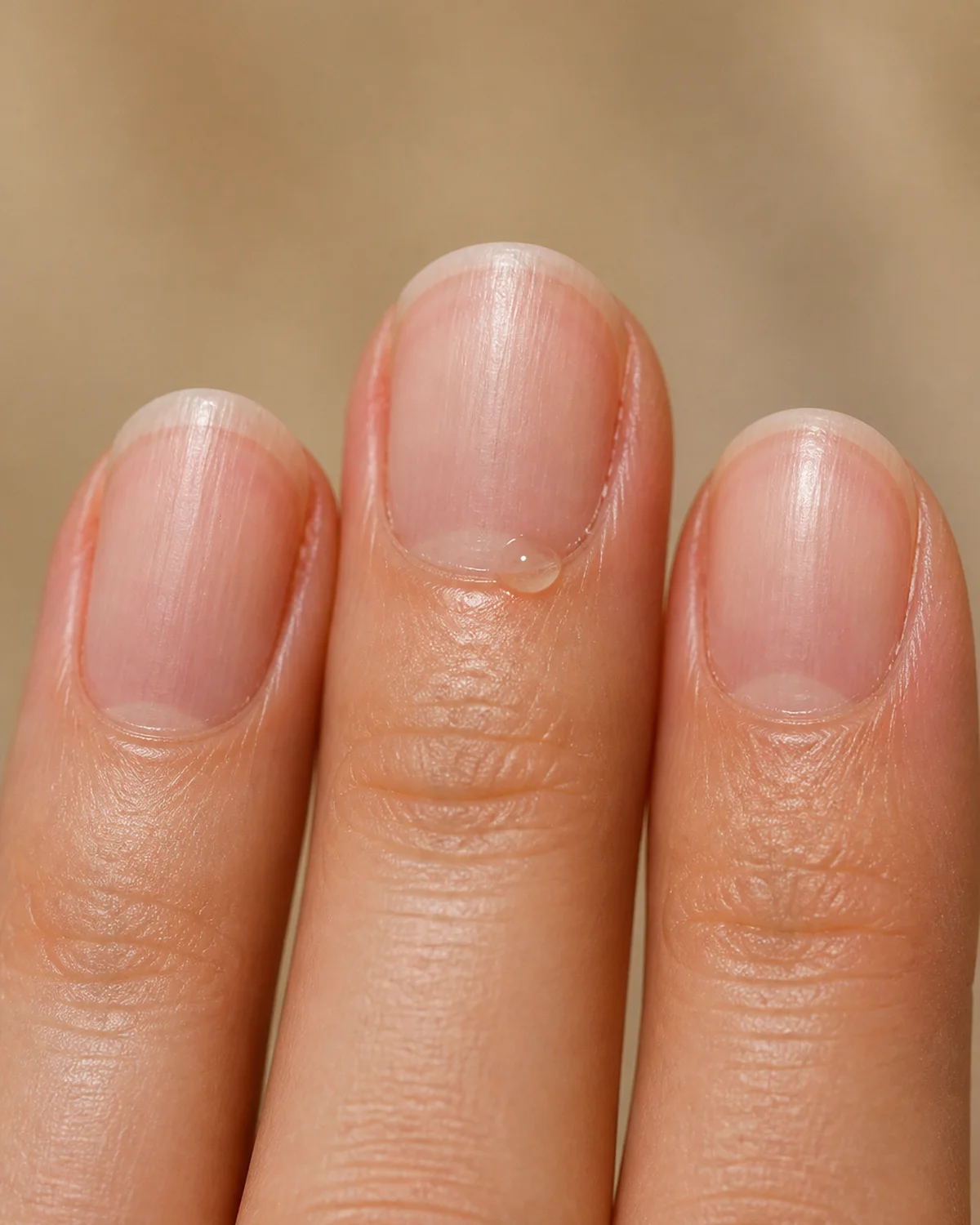 Extreme close macro of three fingertips showing cuticle detail and vertical ridges with cuticle oil glistening at one edge