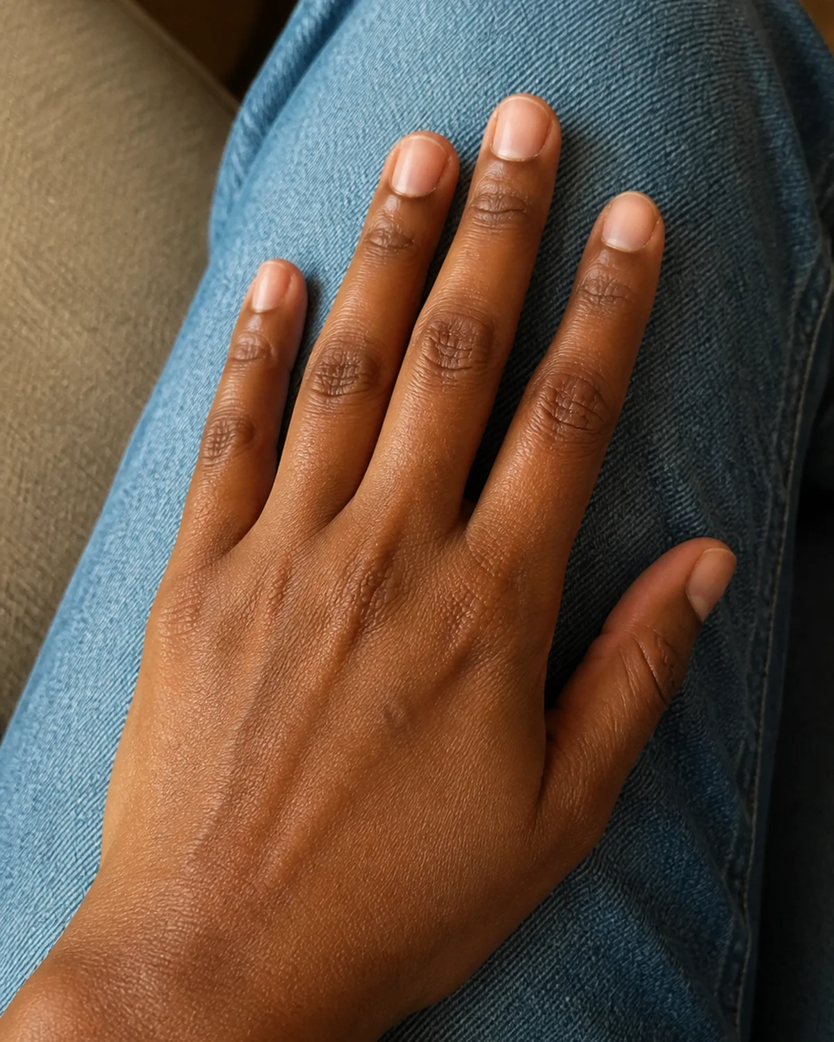 One hand resting splayed on denim-covered knee with bare natural nails visible from casual overhead angle