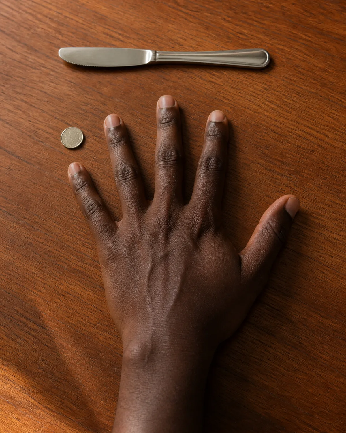 One hand resting flat on a wooden table beside a small coin and a butter knife, the everyday alternatives to prying with a fingernail