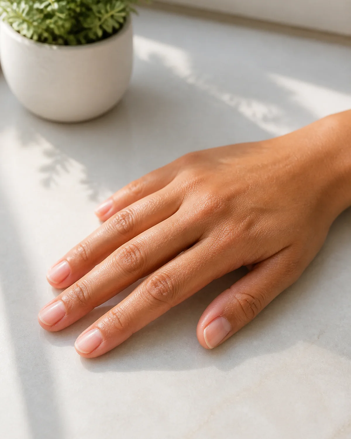 Single hand palm-down on vanity surface with all five healthy nails catching window light in side three-quarter angle