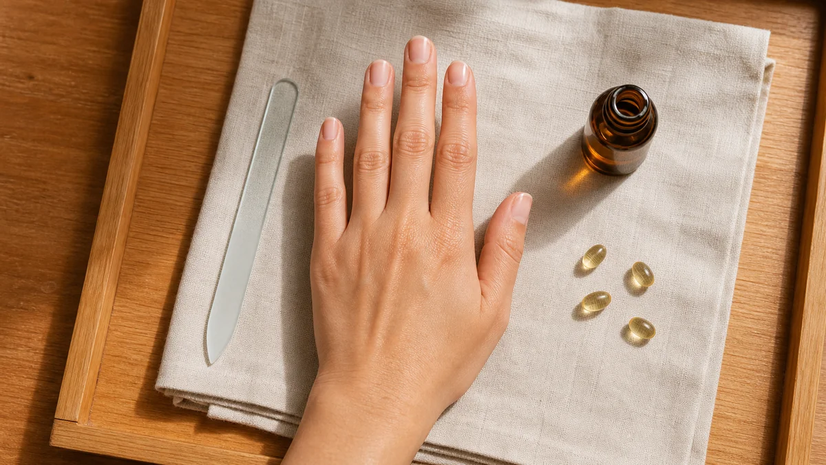 Single hand with bare natural nails resting palm-down on warm wooden vanity tray beside glass nail file and biotin capsules on linen cloth