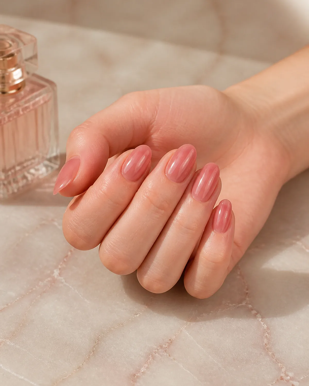 Single hand showing sheer rose jelly polish on medium almond nails resting on its side on pale blush marble beside a small glass perfume bottle