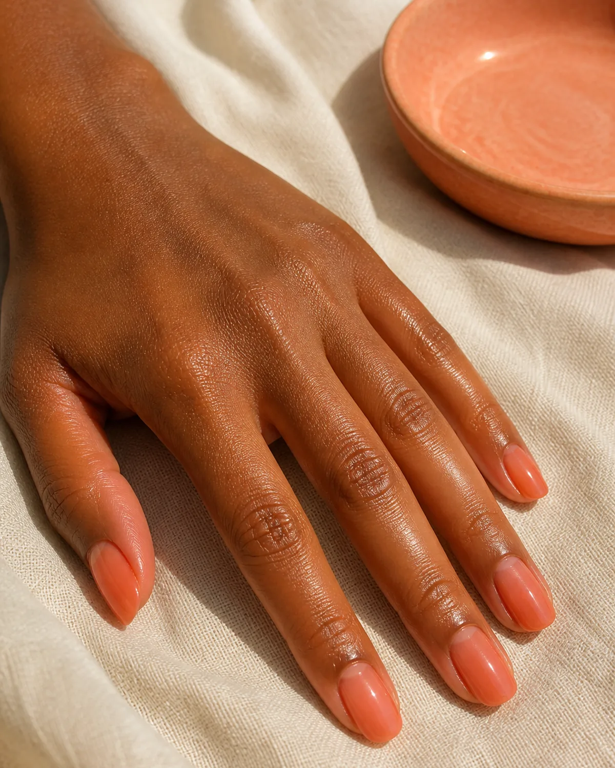Single hand showing warm peachy-coral jelly polish on oval nails reaching diagonally across cream linen beside a peach ceramic dish
