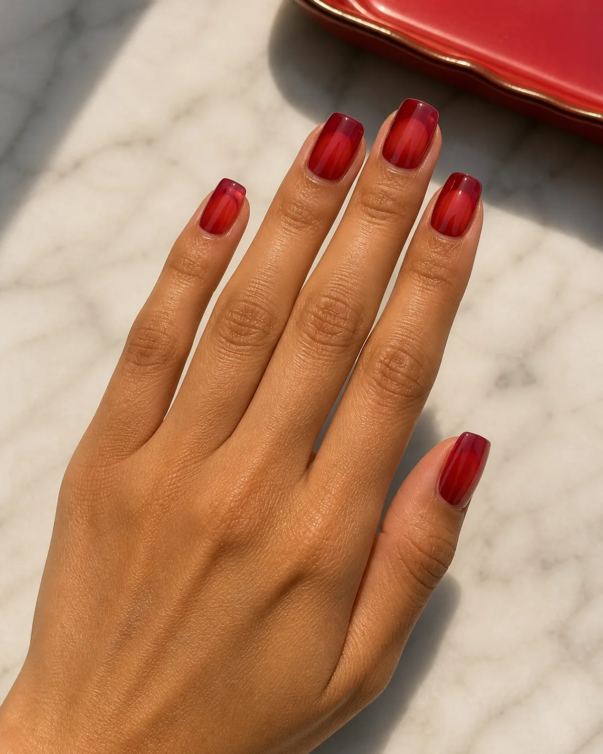 Single hand showing classic cherry-red jelly polish on medium square nails resting on white marble beside a small red enamel tray