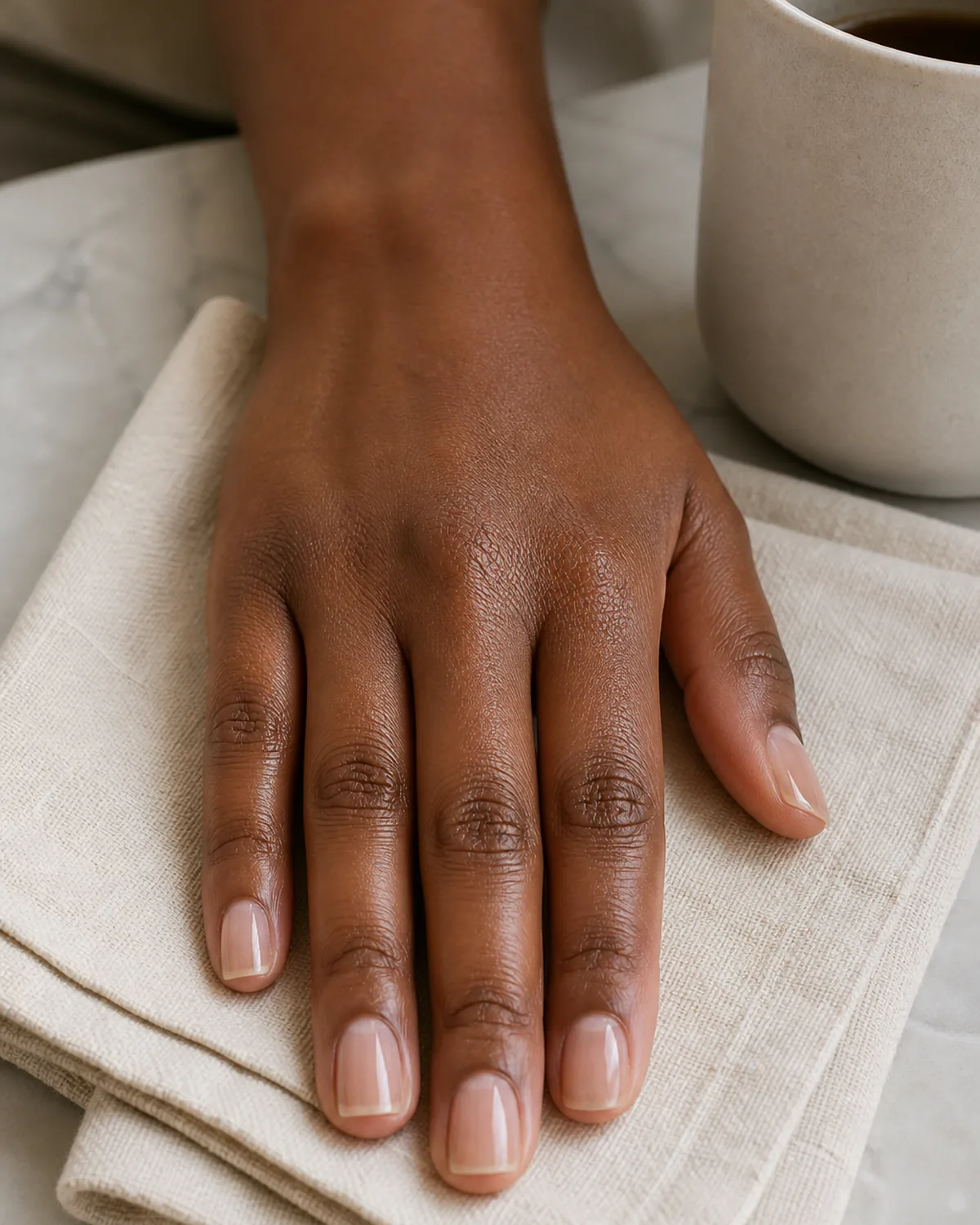 Single hand showing barely-there beige-pink jelly polish on short squoval nails lying on a stack of cream cotton napkins beside a neutral ceramic mug