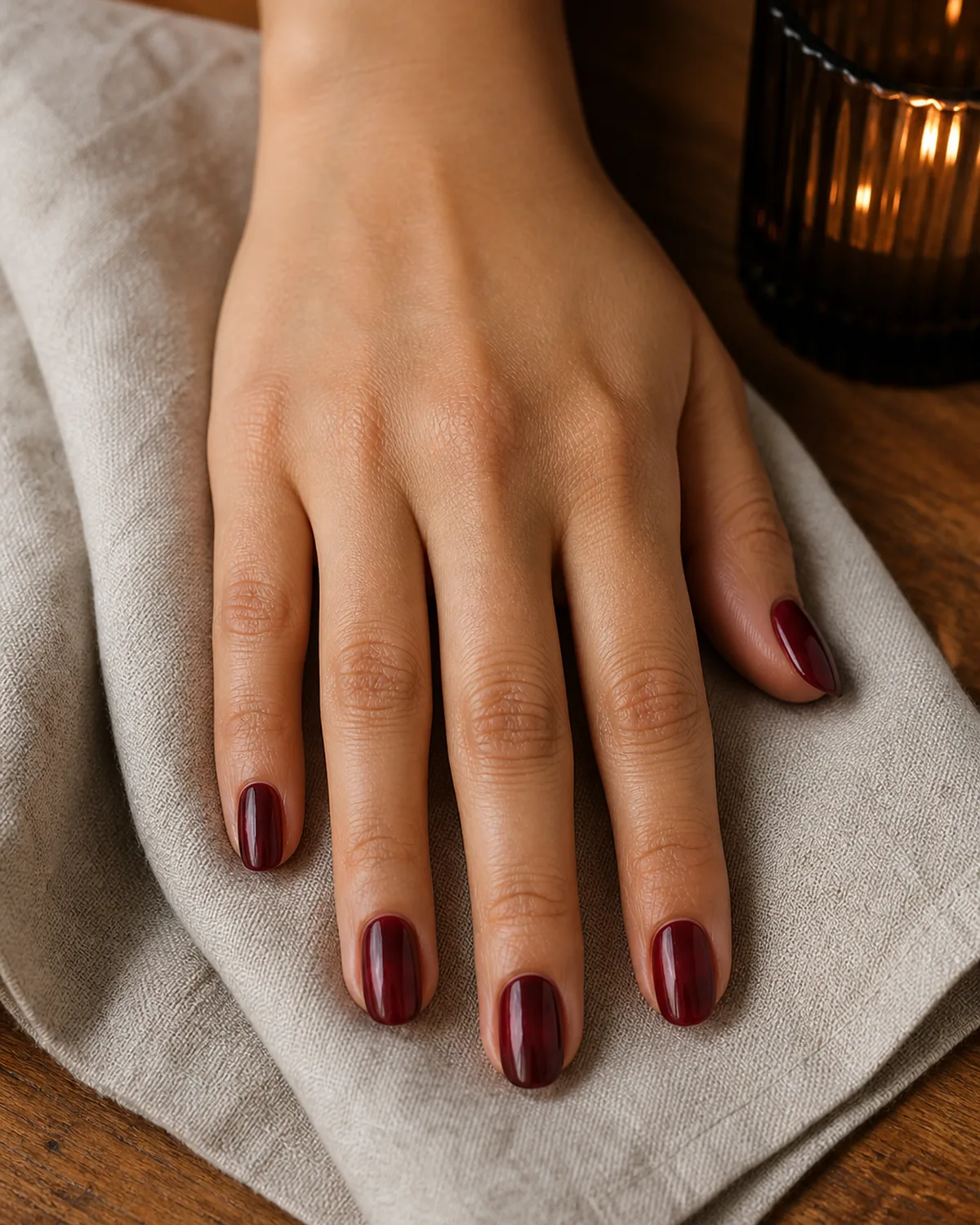 Single hand showing deep burgundy-wine jelly polish on medium round nails with palm resting on a linen napkin beside a dark glass votive holder on wood