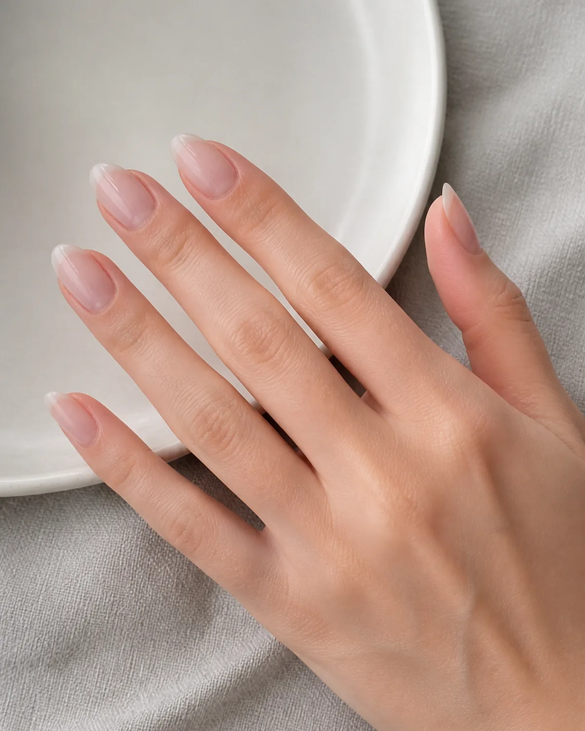 Single hand showing semi-translucent milky white jelly polish on short almond nails with fingertips resting on the rim of a white ceramic plate on pale grey linen