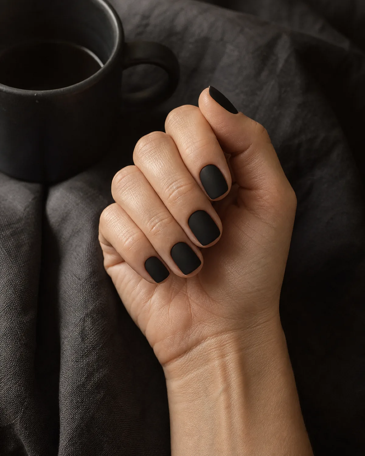 Single hand with jet-black matte nails on short square shape held in a loose curl with nails facing camera beside a matte-black ceramic cup on charcoal linen