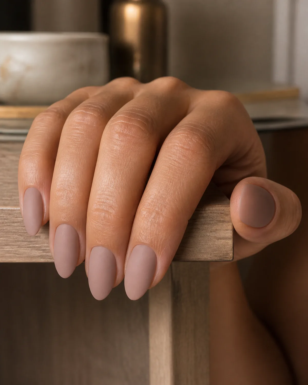 Single hand with warm skin-tone nude matte polish on medium almond nails with fingers curled over the edge of a wooden vanity shelf