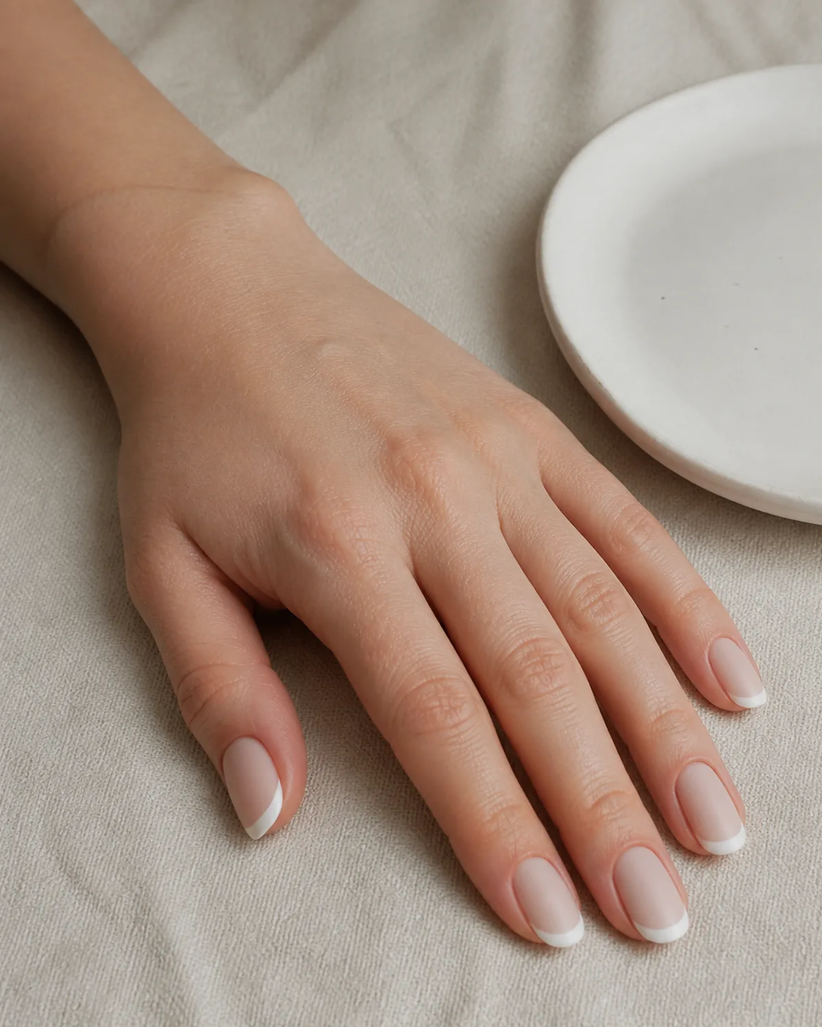 Single hand with matte-and-glossy French tip nails on oval shape showing sheer glossy nude base and matte white tips beside a white porcelain dish on linen