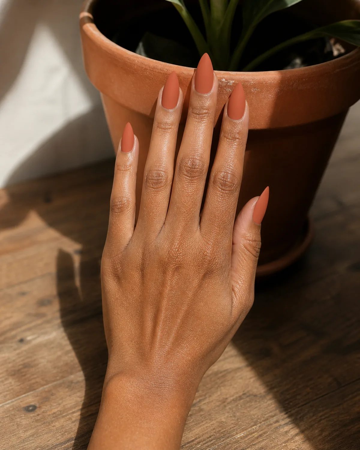 Single hand with warm burnt-orange terracotta matte polish on pointed stiletto nails with fingertips resting on the rim of a terracotta plant pot