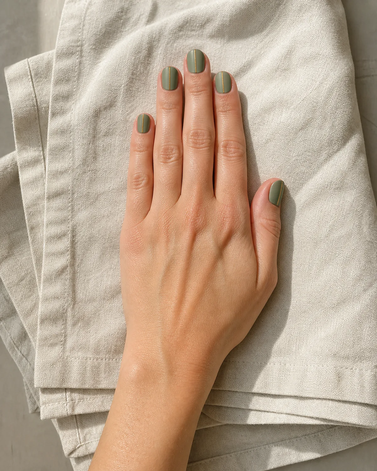 Single hand with velvety sage-green matte nails with thin gold metallic center stripes on short round shape resting on cream linen napkins
