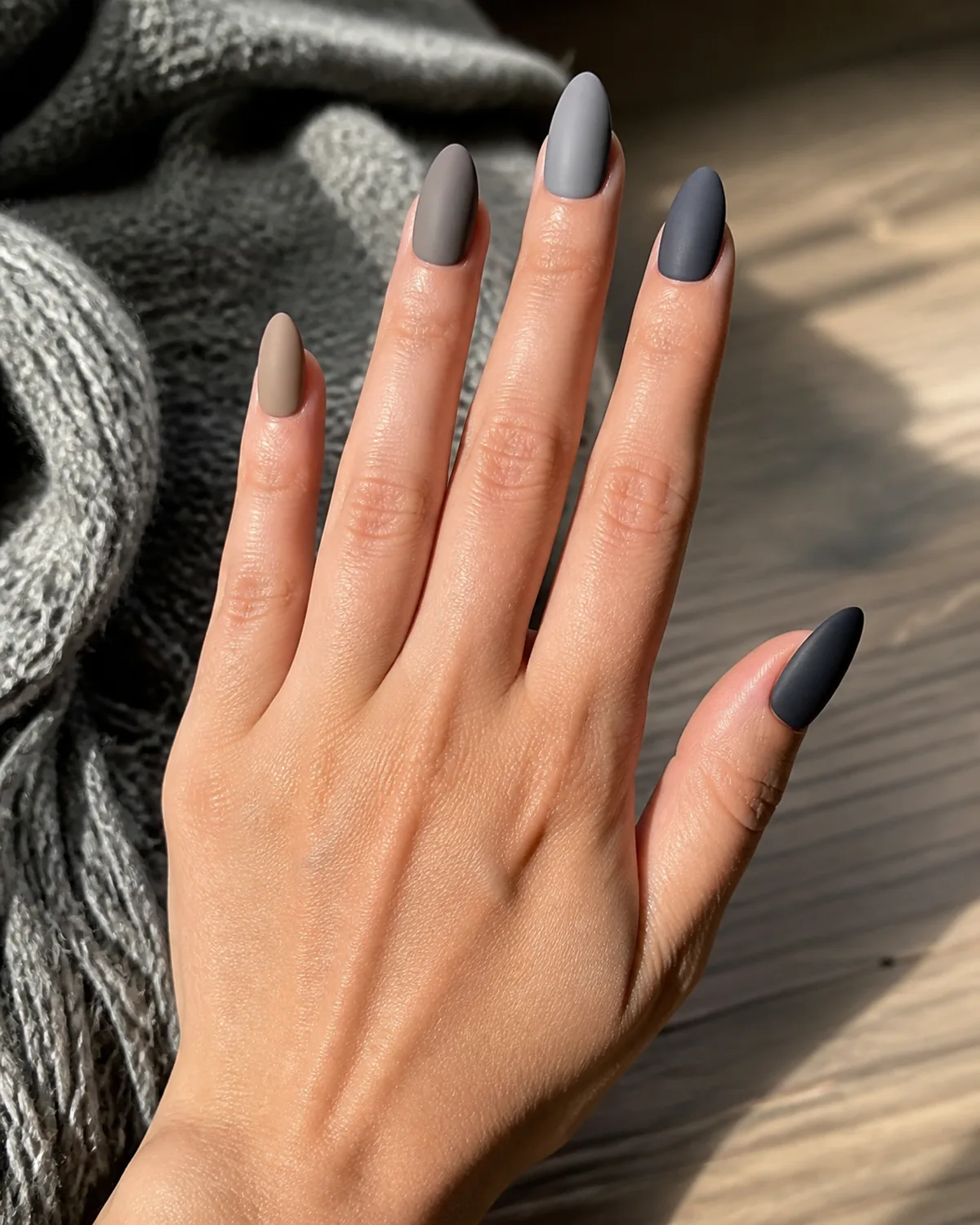 Single hand with matte ombre nails in tonal gradient from warm taupe to cool charcoal across five almond nails reaching on a diagonal beside a grey knit scarf on wood