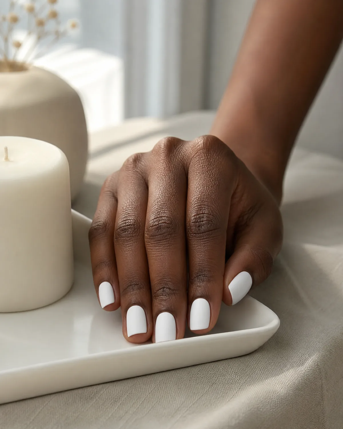 Single hand with clean crisp matte white polish on short squoval nails resting on a white ceramic tray beside a matte-white candle