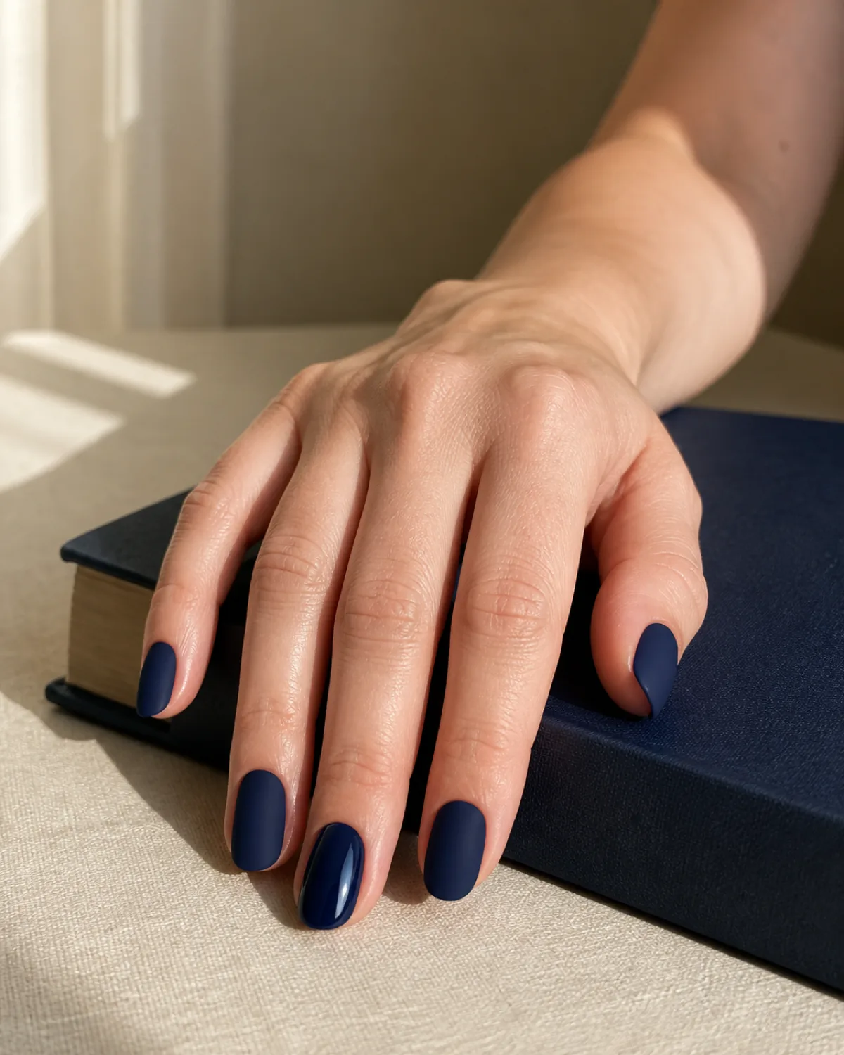 Single hand with deep navy matte polish on oval nails with one glossy ring finger accent draped along the edge of a navy hardcover book on cream surface