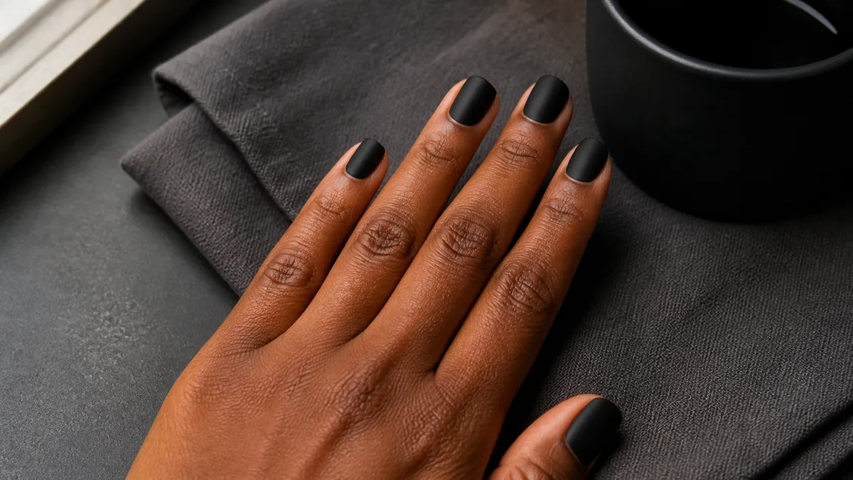 Single hand with classic matte black nails on short square shape lying flat on charcoal linen beside a matte-black ceramic cup