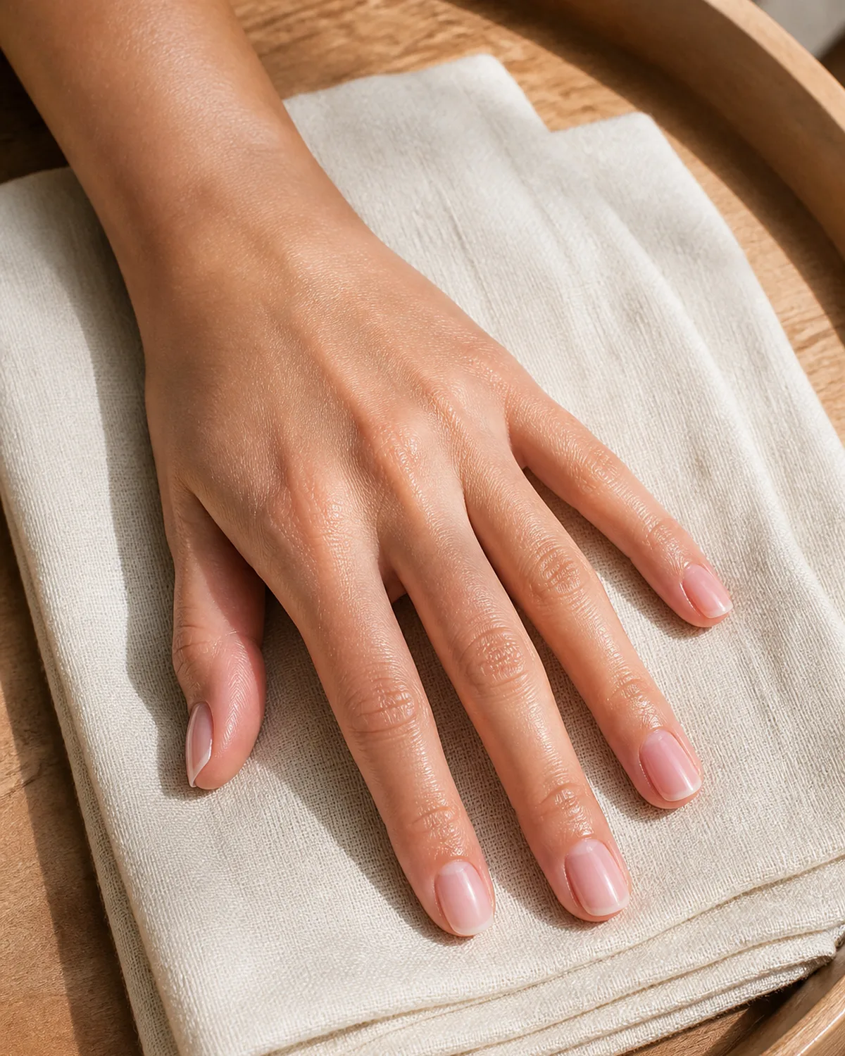 Single hand with sheer pink polish on short filed square nails resting on cream linen near a small white ceramic plate edge
