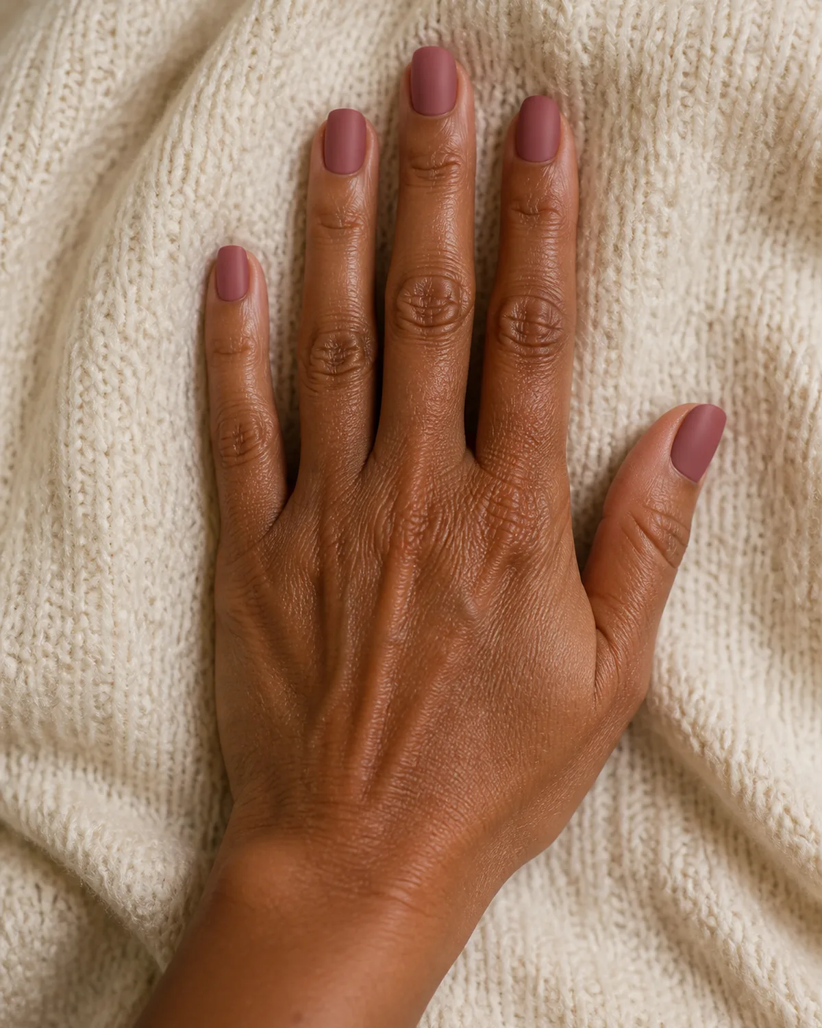 Single hand with warm dusty rose matte polish on squoval nails on cream knit texture
