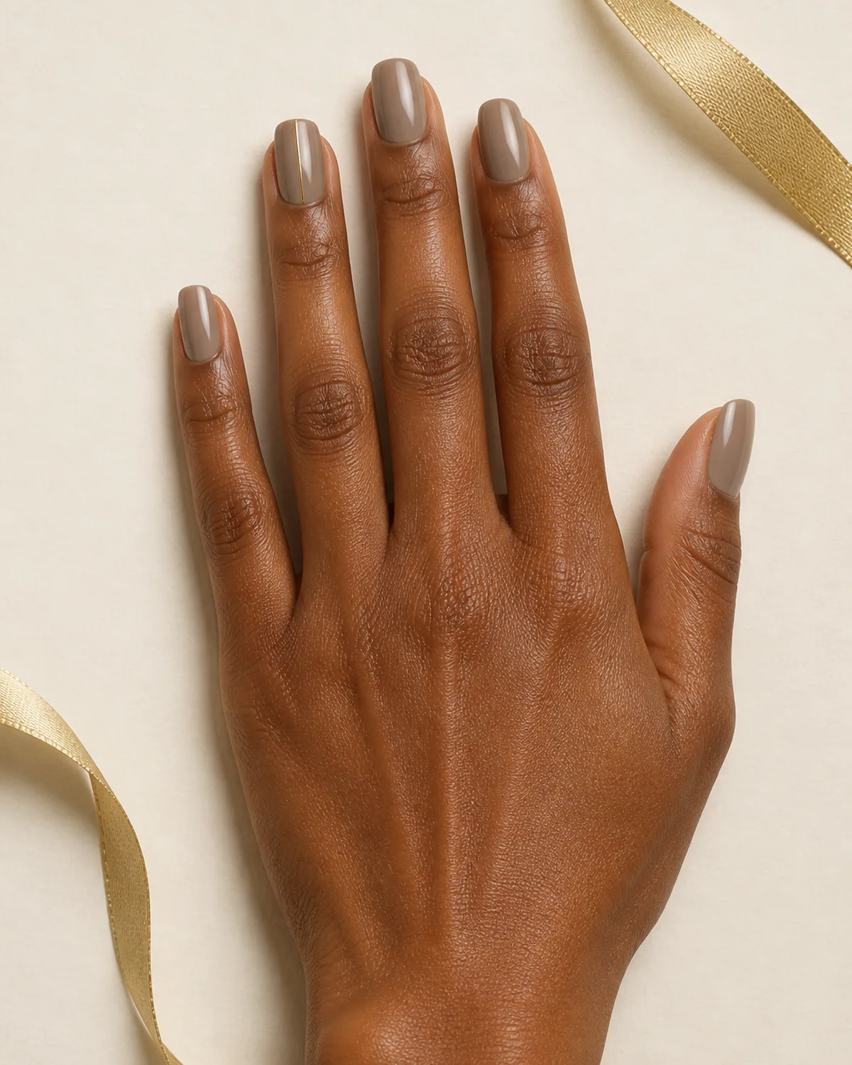 Single hand with warm greige-taupe polish and a single thin gold stripe on the ring finger nail palm down on ivory card stock beside a thin gold ribbon