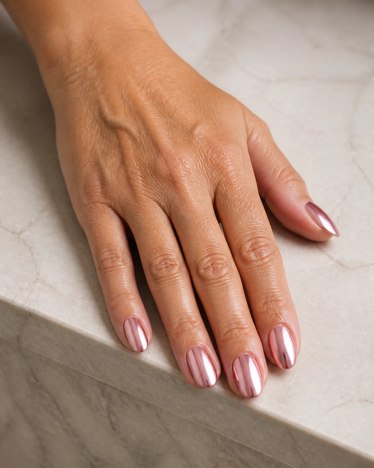 Single hand with soft blush pink chrome mirror finish on medium oval nails resting on edge of cream marble countertop