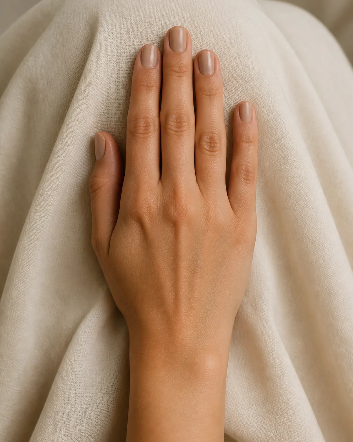 Single hand with clean warm beige polish on short naturally shaped round nails on cream muslin cloth