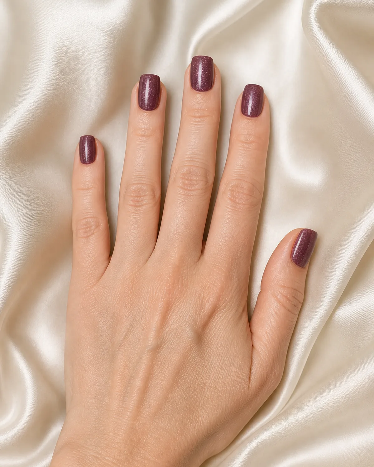 Single hand with deep mauve polish with suspended micro shimmer particles on squoval nails palm down on cream silk
