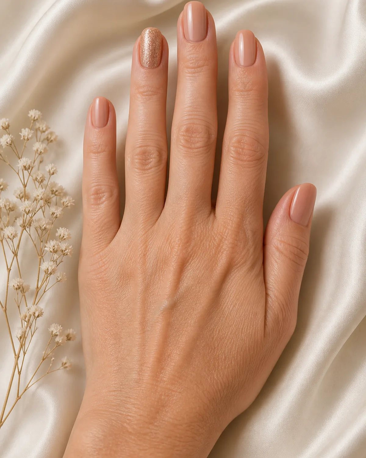 Single hand with warm nude polish on all nails and fine rose gold glitter on one ring-finger accent nail palm down on ivory silk beside small dried white flower sprig