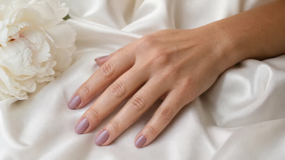 Single hand with soft dusty mauve polish on medium oval nails palm down on folded ivory silk beside a small white peony