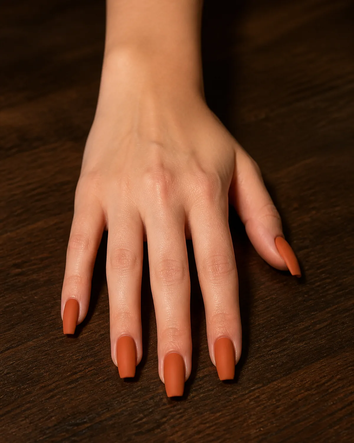 Single hand with matte terracotta-orange polish on long coffin nails resting on dark wood table surface