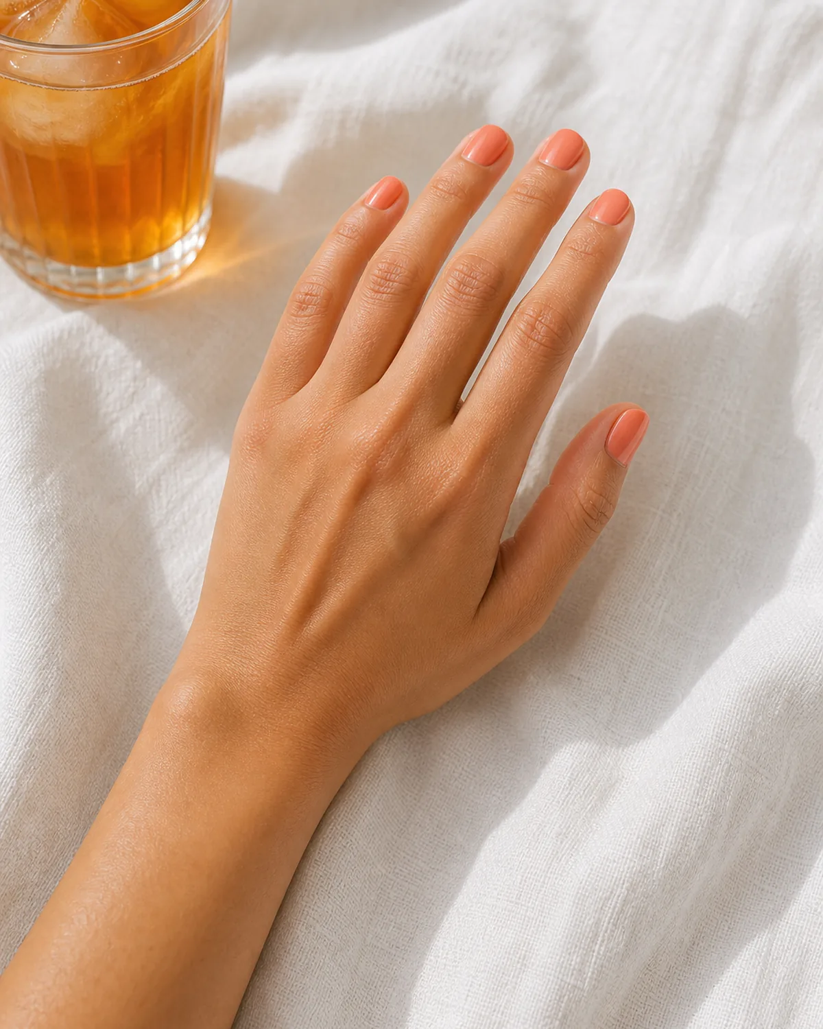 Single hand with soft peach-coral creme polish on short round nails resting on white textured linen surface beside small glass of iced tea