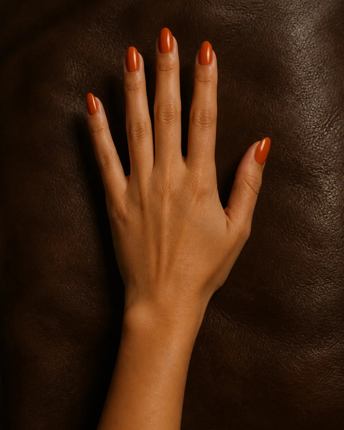 Single hand with deep rusty orange creme polish on long oval nails resting on dark brown leather surface