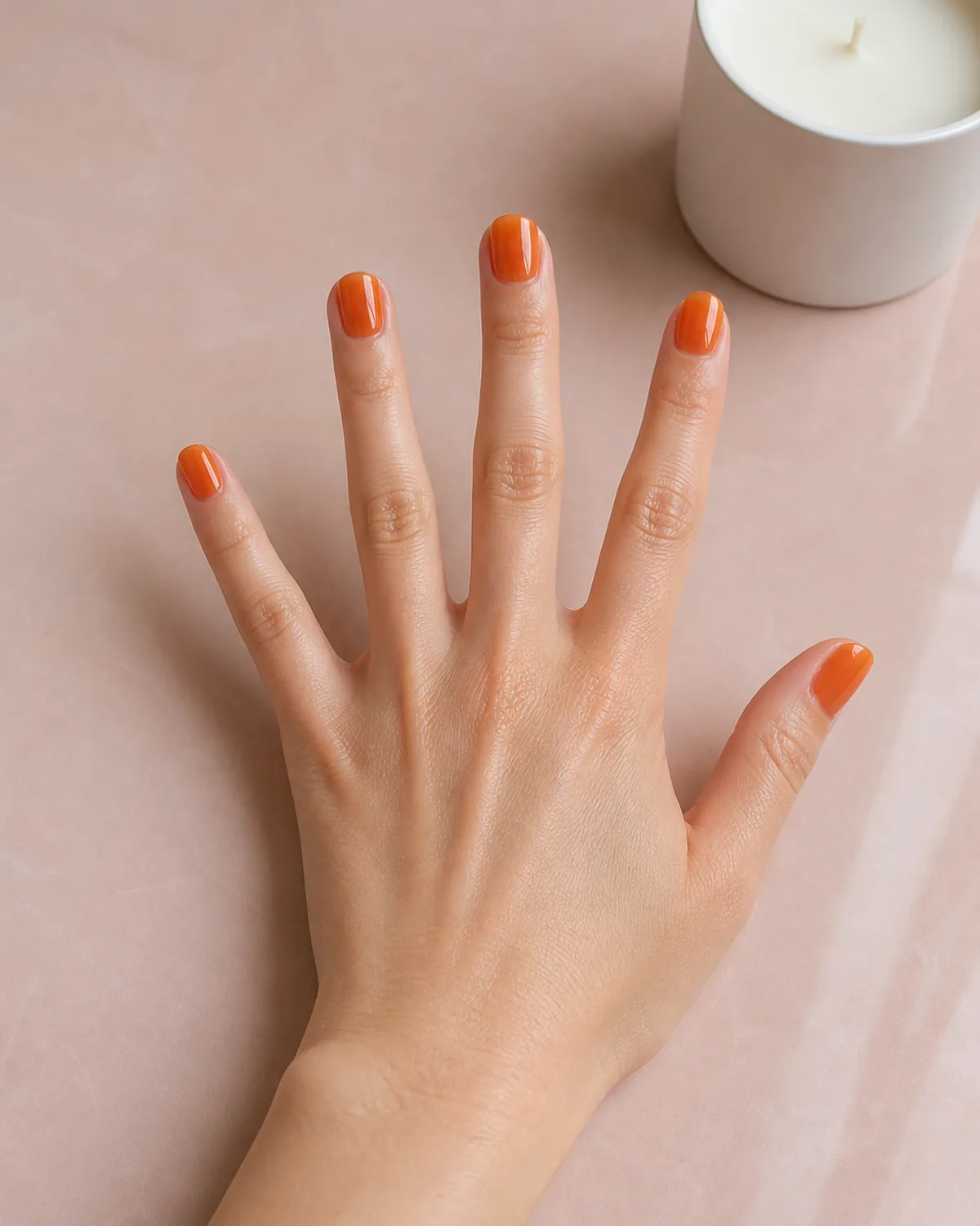 Single hand with translucent tangerine jelly-finish gel on short squoval nails resting on pale pink ceramic surface beside small white candle