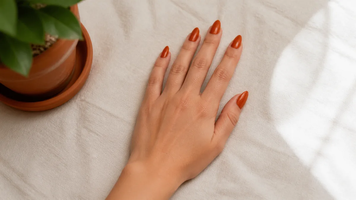 Single hand with rich burnt orange creme nail polish on medium almond nails resting palm-down on cream linen tablecloth beside a small terracotta pot