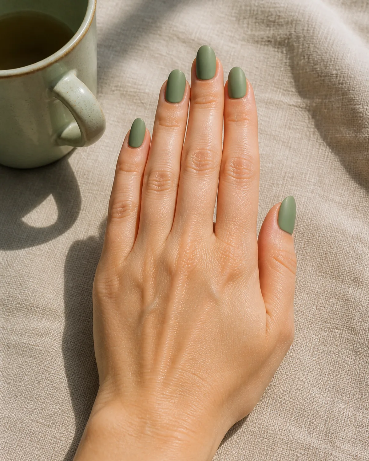 Single hand with solid matte sage-green polish on medium almond nails resting palm down beside a ceramic sage-green mug on linen