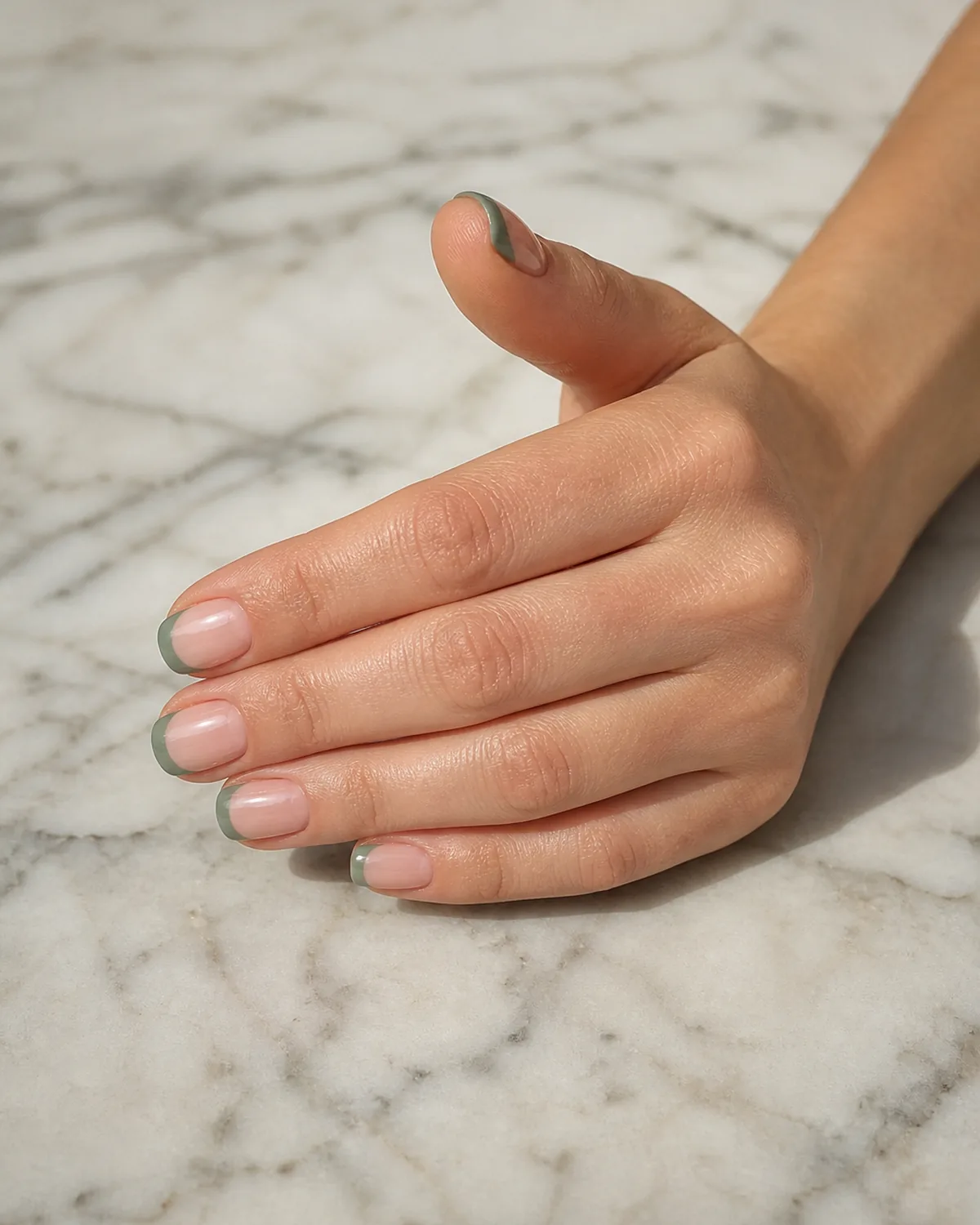Single hand with sage-green French tip crescents over a sheer nude base on short squoval nails resting on white marble