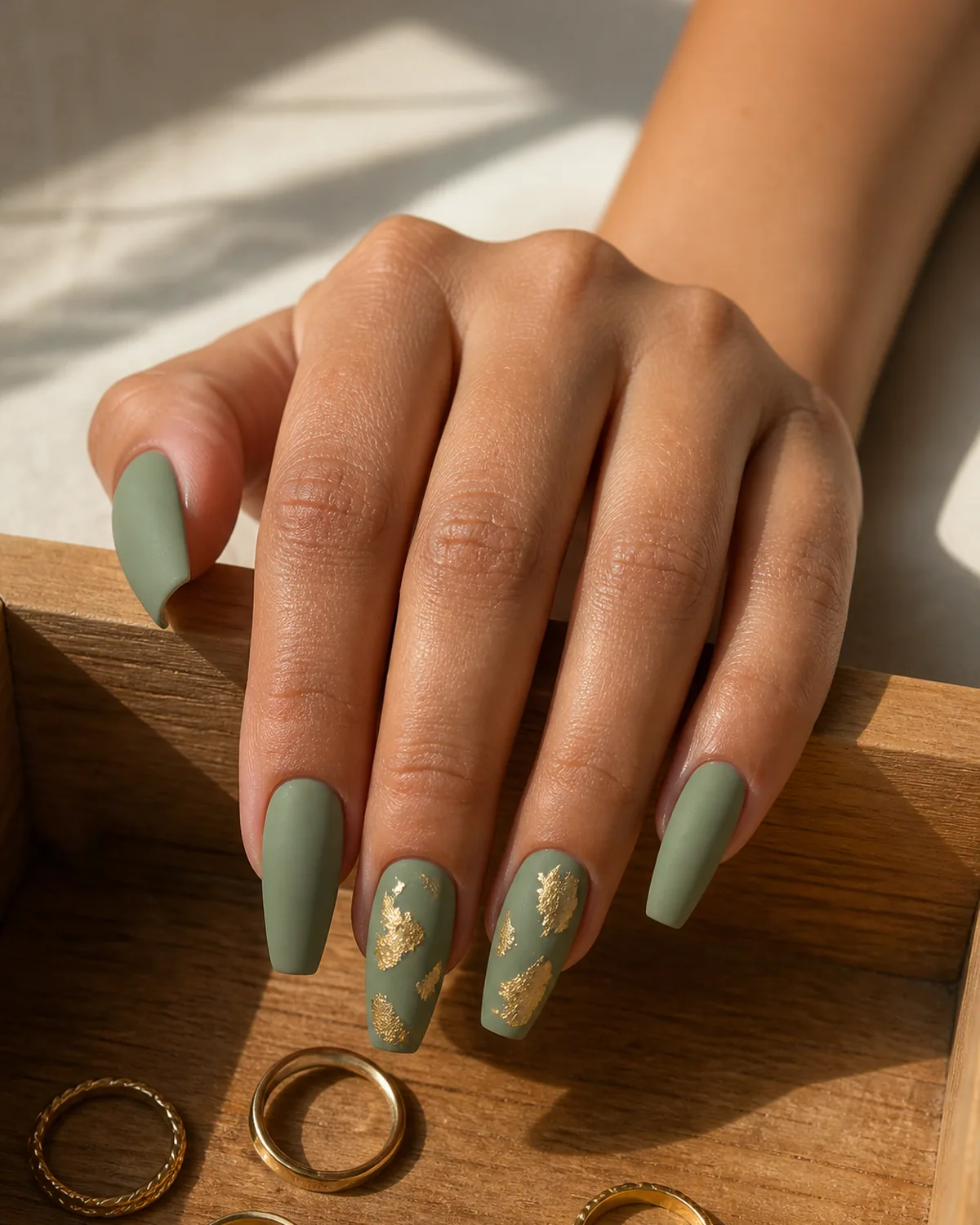 Single hand with matte sage-green coffin nails accented with irregular torn gold-foil patches draped over a wooden vanity tray with gold rings