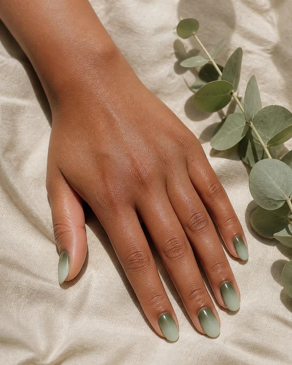 Single hand with sage-green ombre gradient nails on oval shape fading from deep olive at cuticle to pale sage at tips lying beside eucalyptus on cream linen