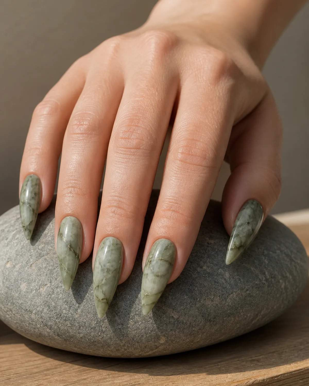 Single hand with sage-green marble-effect stiletto nails showing swirled grey and olive veining through translucent sage base with fingertips touching a smooth grey stone