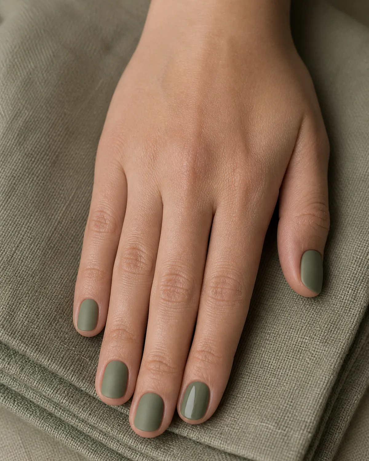 Single hand with four matte sage-green nails and one glossy sage ring finger on short round shape resting on stacked sage linen napkins