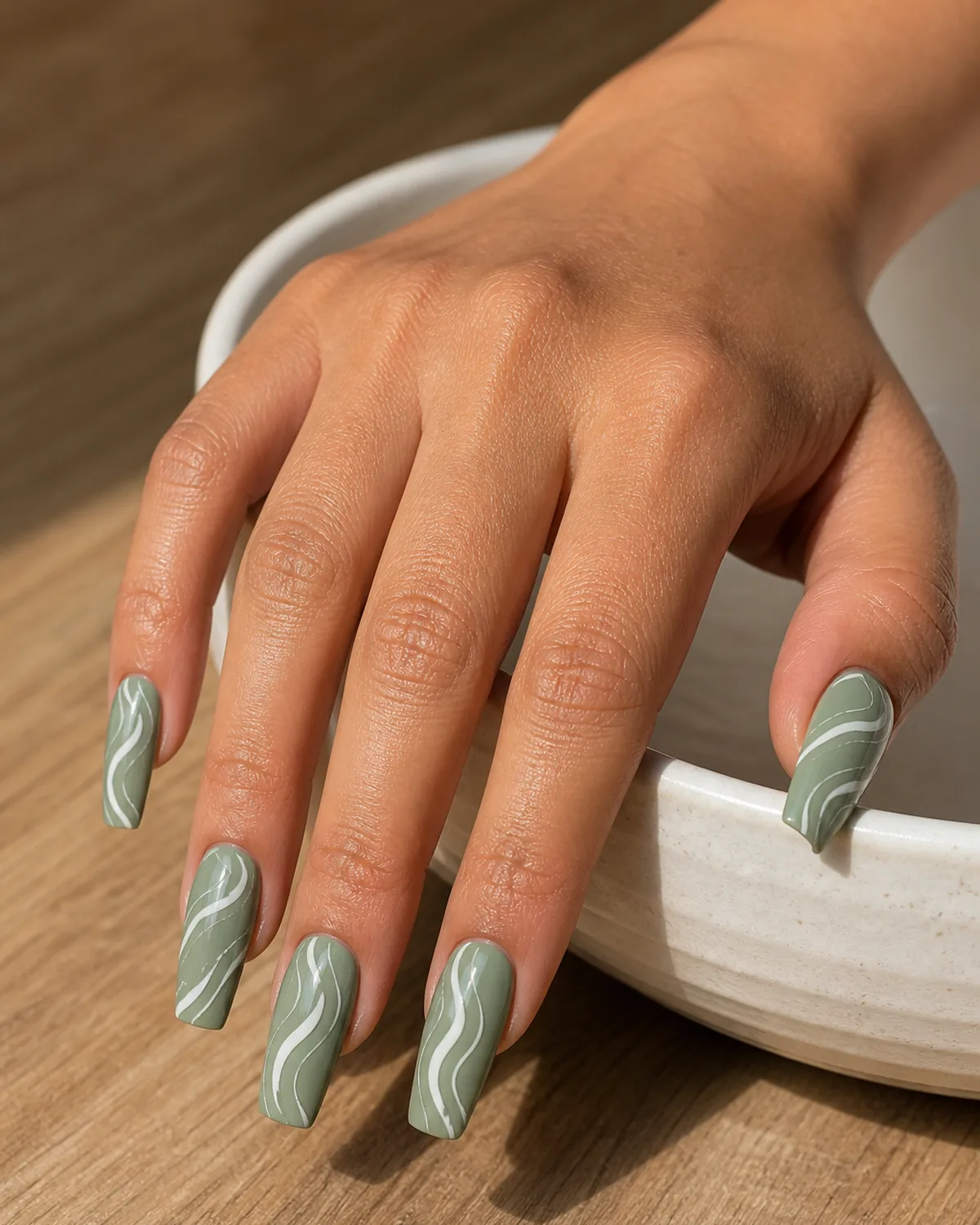 Single hand with sage-green coffin nails showing freehand white brushstroke swirls over sage base with fingers trailing along a white ceramic bowl on wood
