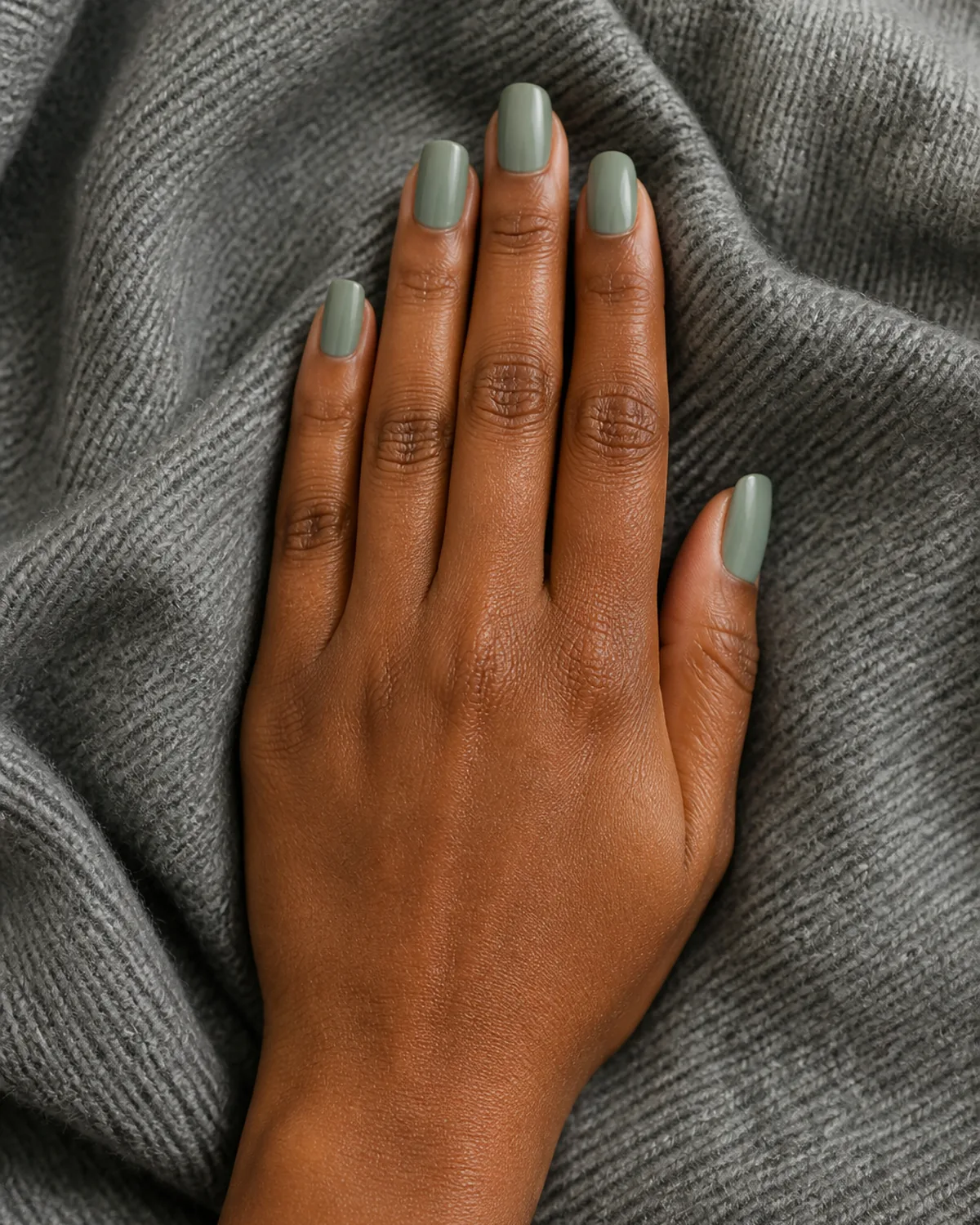 Single hand with dusty eucalyptus grey-green polish on medium square nails resting on a folded grey knit sweater with medium-dark skin tone