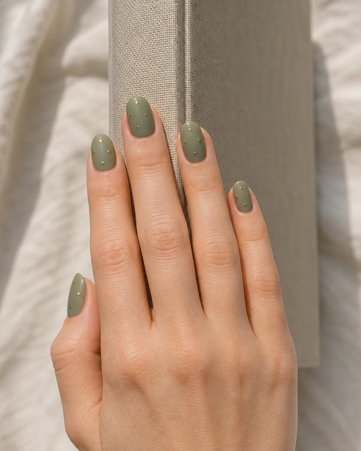 Single hand with matte sage-green nails dotted with tiny gold micro-dots in organic pattern on short almond shape with fingers resting on a linen journal
