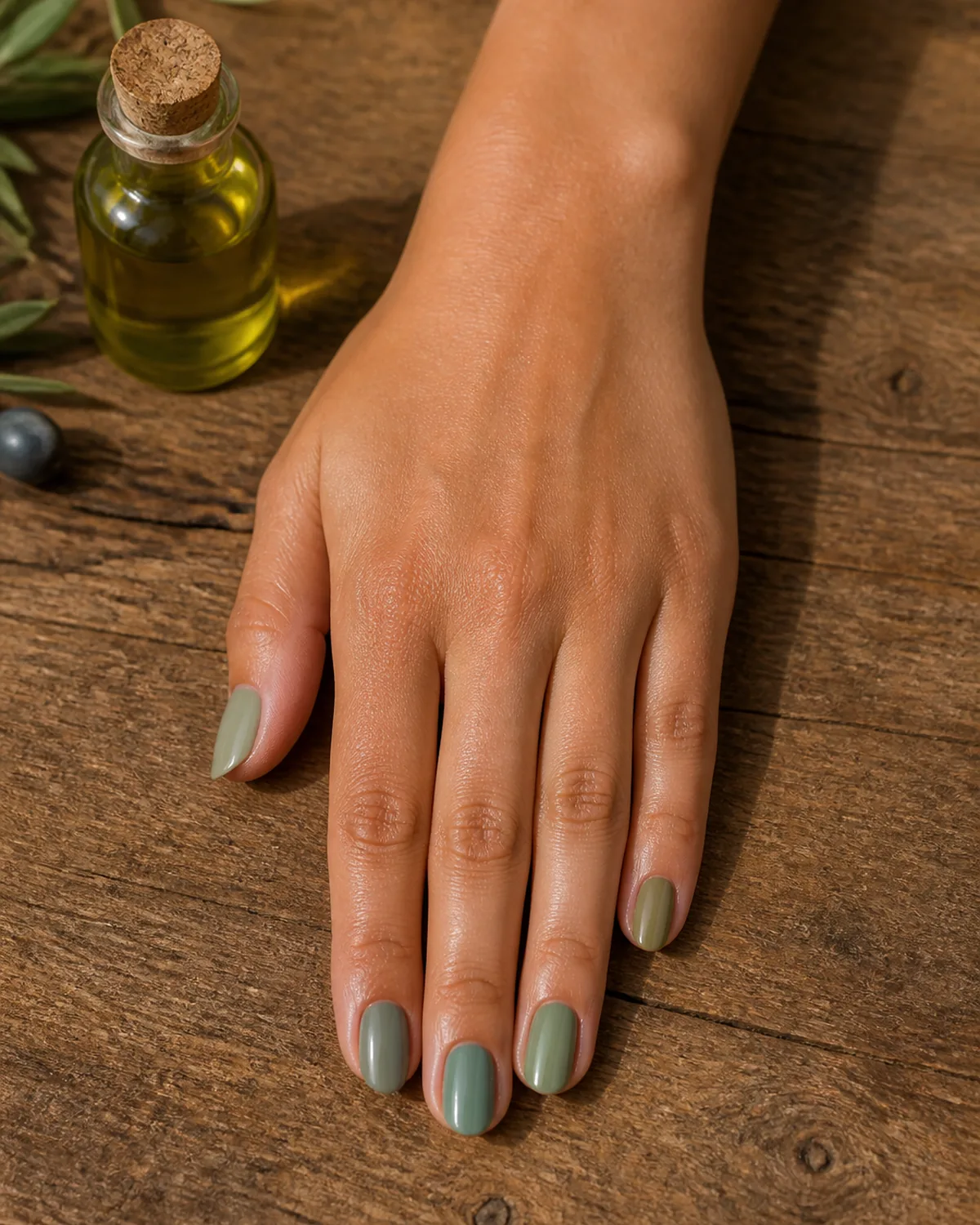 Single hand with five-shade olive-to-sage tonal gradient across oval nails lying flat beside a small olive-oil bottle on rustic wood