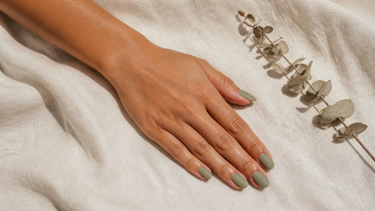 Single hand with solid matte sage-green nails on medium almond shape lying flat on cream linen beside dried eucalyptus