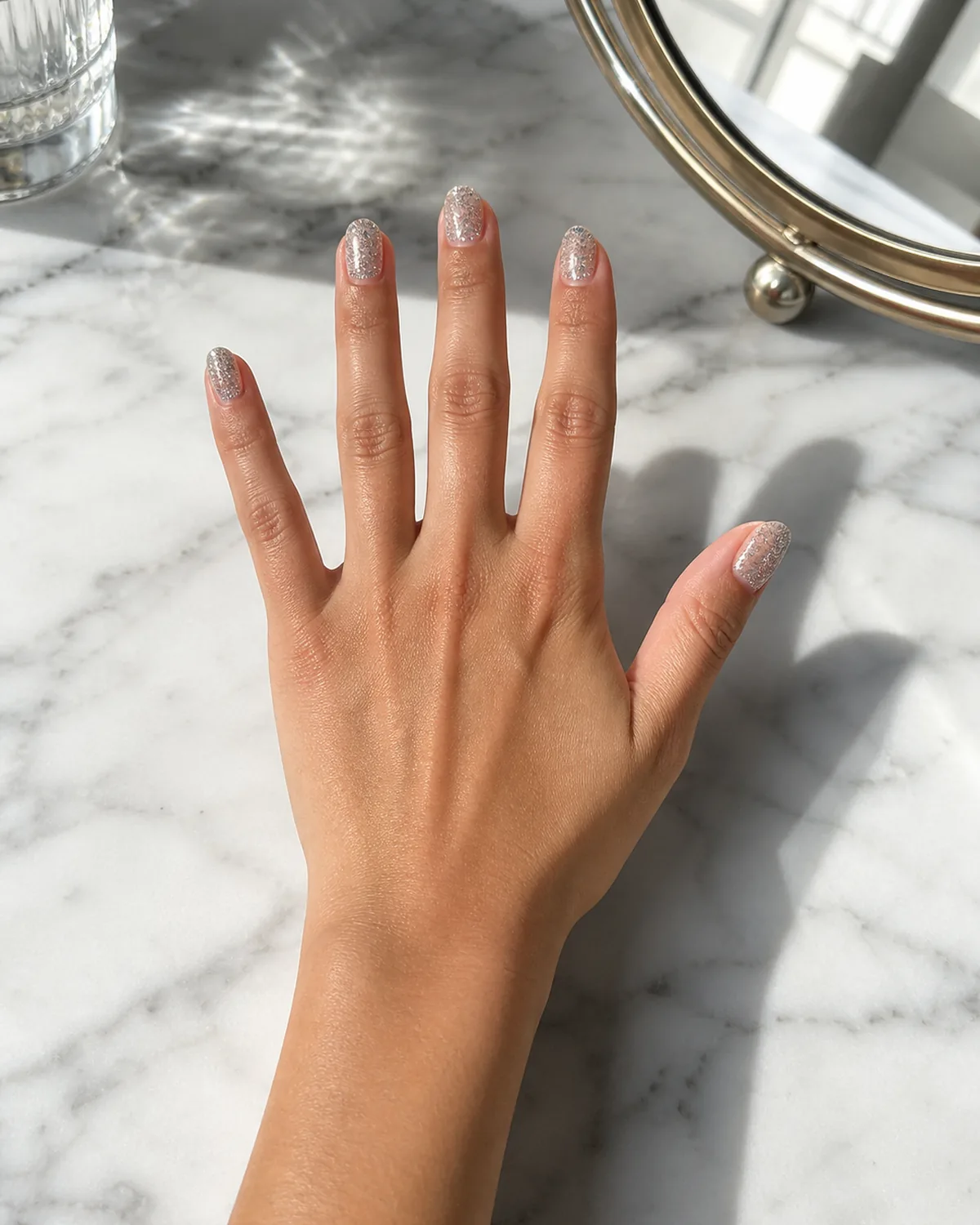 Single hand with dense fine silver micro-glitter nails on short almond shape resting palm-down on white marble vanity beside a small round mirror